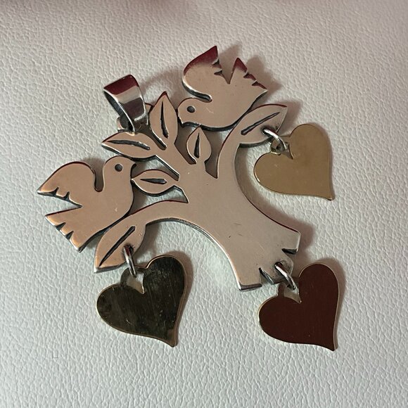 James Avery RETIRED /RARE 925 14K Tree Two Doves Heart Pendant